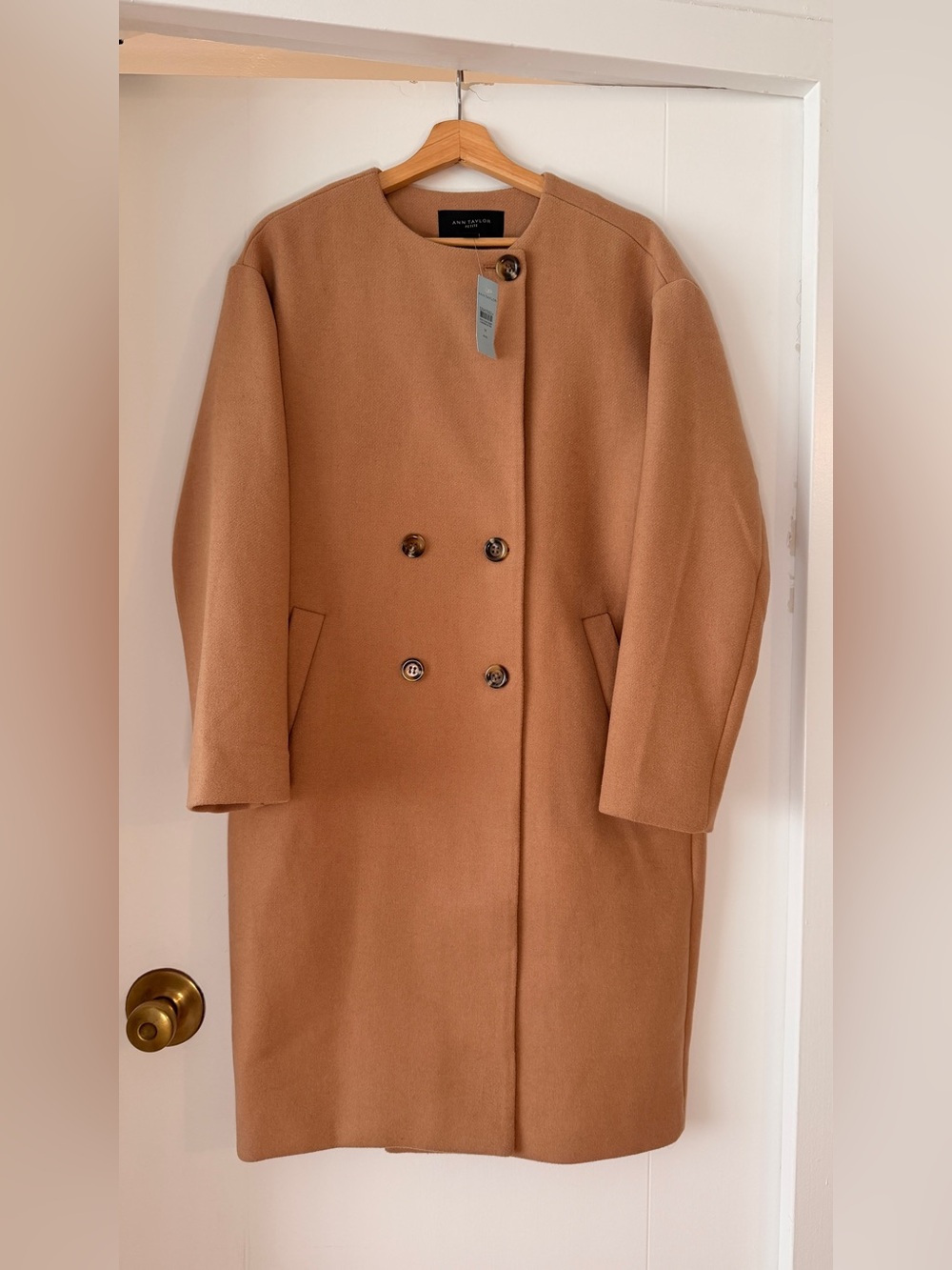 Ann Taylor Camel Double-Breasted Collarless Wool Pea Coat